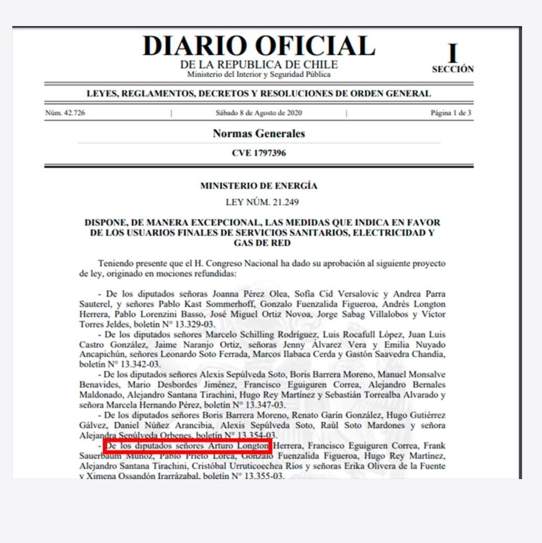 Noticias Chile | Error en el diario oficial, deja la ley de servicios básicos con el nombre de "Arturo Longton"