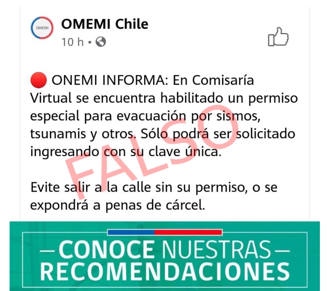 Noticias Chile | Falsa cuenta de la ONEMI, viralizó que hay que sacar permiso en caso de terremoto o tsunami