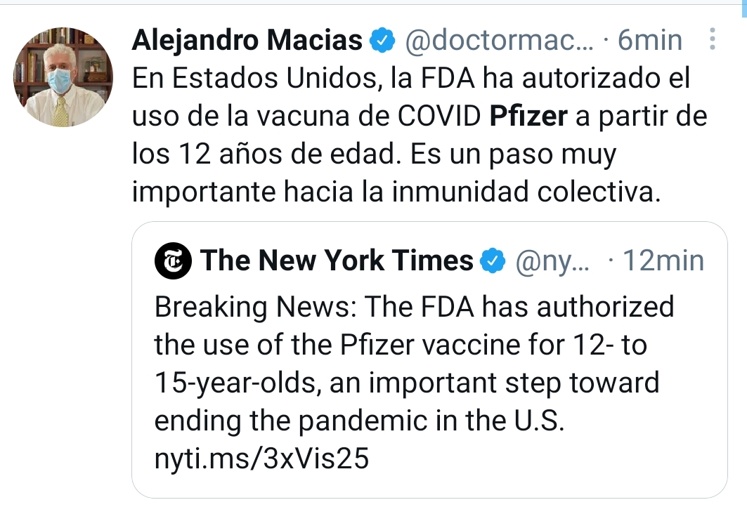 La FDA ha autorizado el uso de la vacuna de Pfizer a partir de los 12 años de edad
